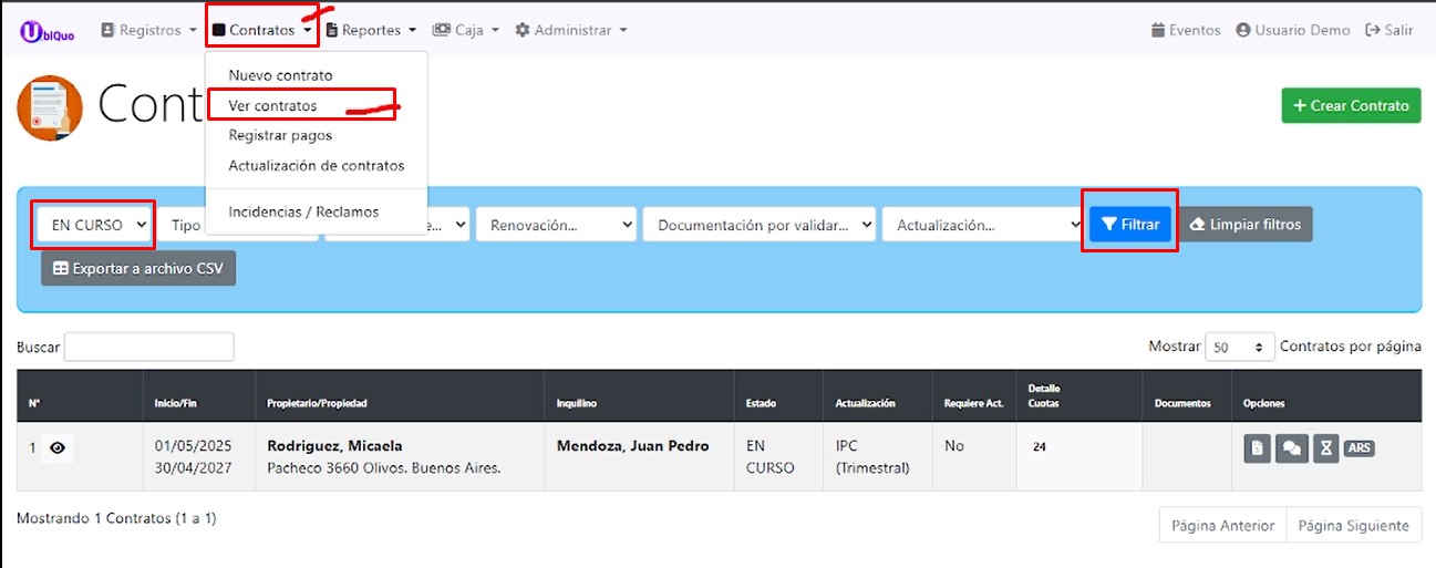 Lista de Contratos y detalle emergente