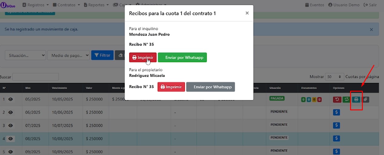 Opciones de envío de recibo