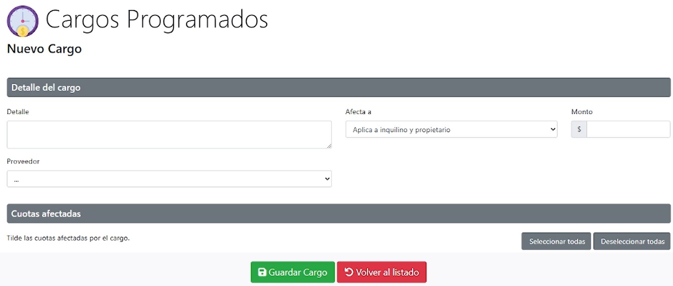Cargos Programados y formulario Nuevo Cargo