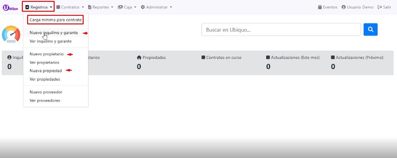 Menú Registros desplegado